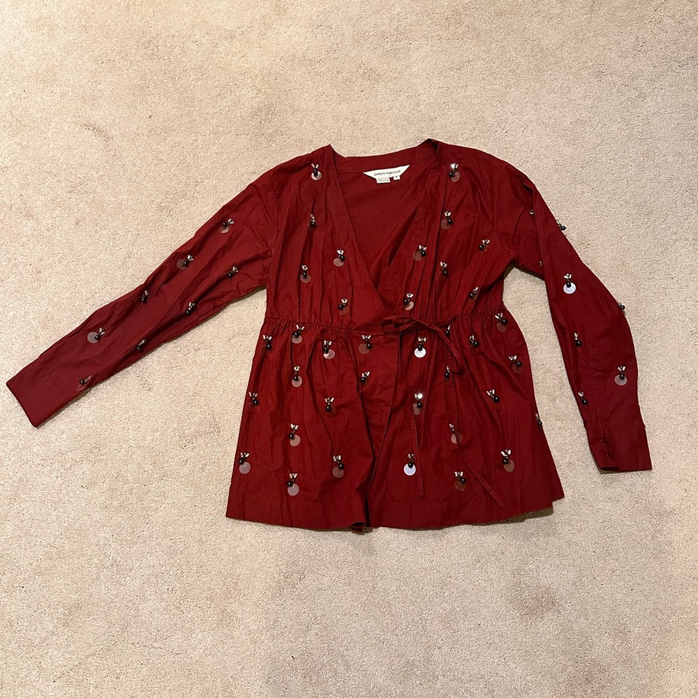 From Anthropologie, Dhruv Kapoor wrap blouse with beaded detail